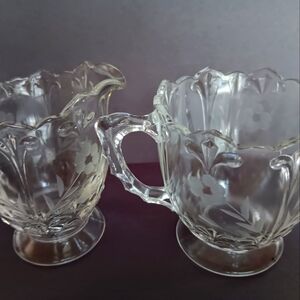 1930s-1940s Vtg. Etched Glass Footed Creamer & Sugar